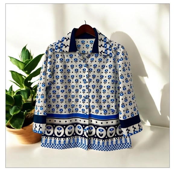 1970s True Vintage Mod Print Tulip Color Block Blazer/Blouse-EUC -Sz M 💙 🖤 - Picture 2 of 16
